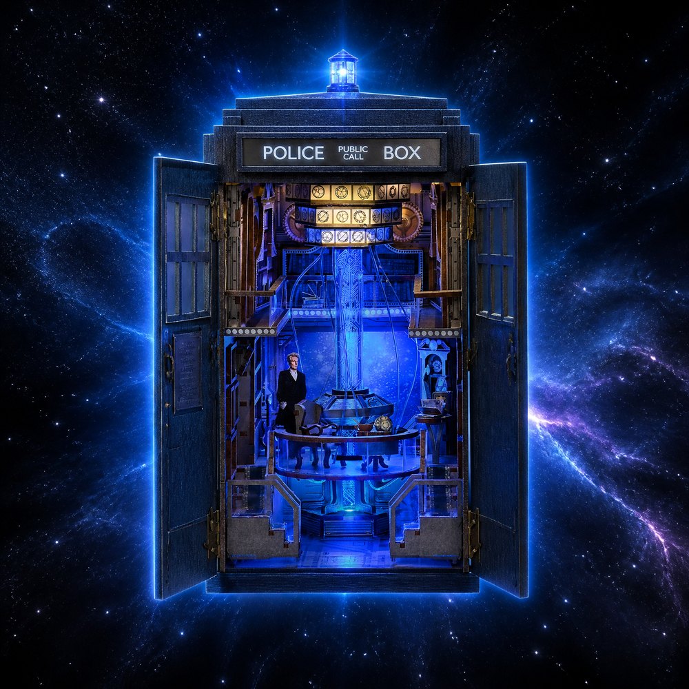 Inside the Mysterious Blue Box: glowing console room in deep space