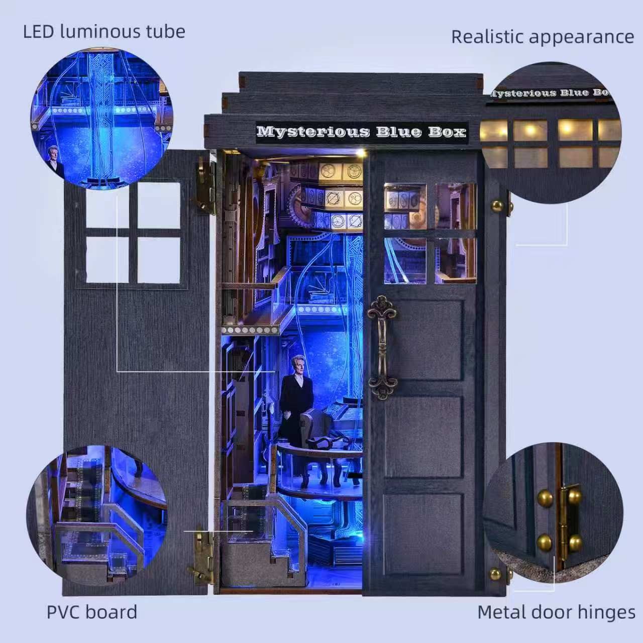 Feature call-outs: LED tube, realistic appearance, metal hinges
