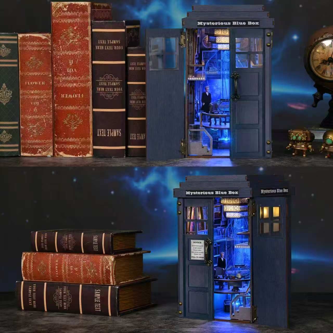 Mysterious Blue Box book nook sitting between vintage books on a shelf